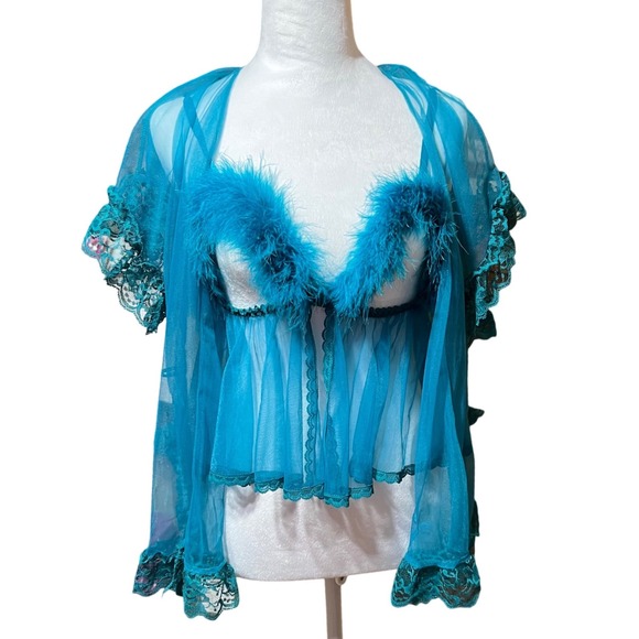 Frederick's of Hollywood Other - Vintage Frederick's of Hollywood Teal Feather Trim Sheer Babydoll Robe Y2K